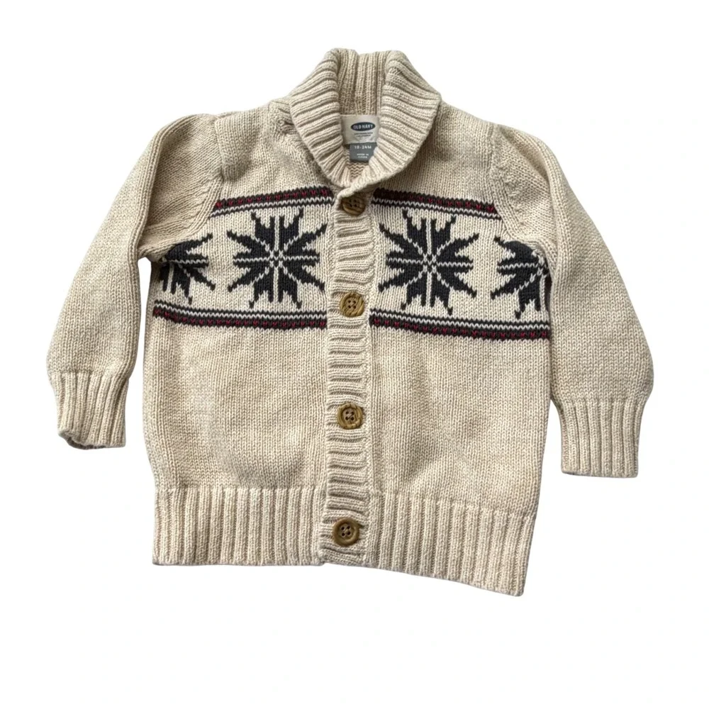 Old Navy Toddler Boys Fair Isle Shawl Collar Cardigan Sweater Oatmeal 18-24M